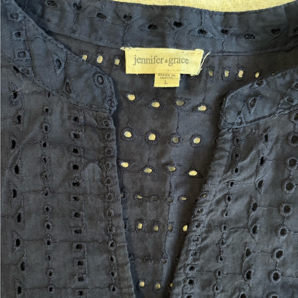 Navy Eyelet Top with Bell Sleeves - Picture 2 of 6
